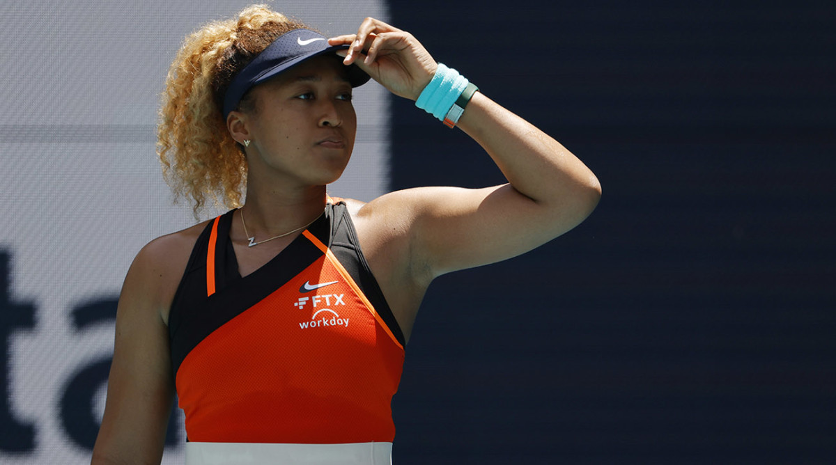 Naomi Osaka (JPN) reacts after missing a shot against Iga Swiatek (POL)(not pictured) in the women’s singles final in the Miami Open at Hard Rock Stadium.